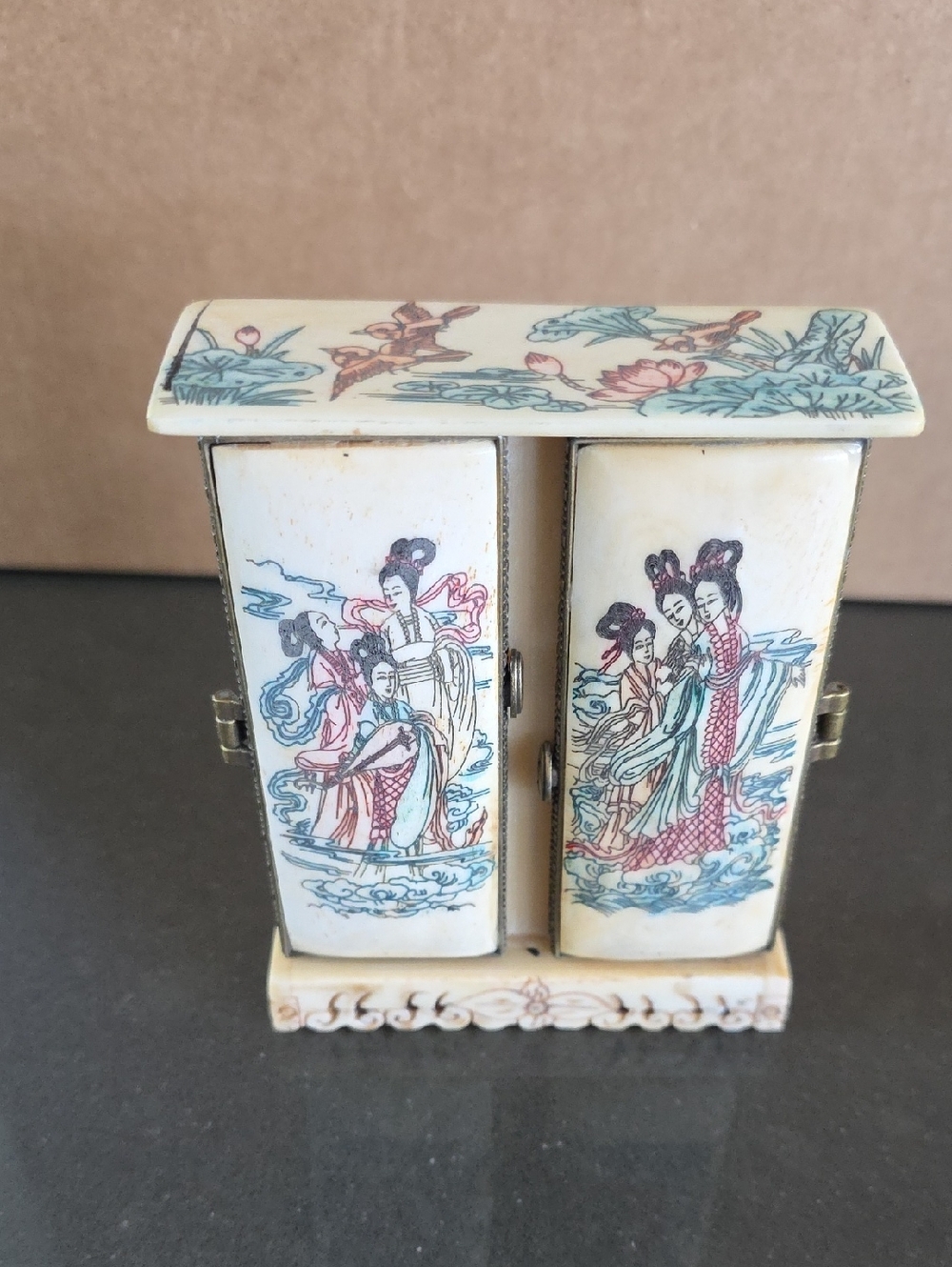 Hand-Painted Carved Ox Bone Asian Mini Cabinet/Trinket Box with Figural Design.